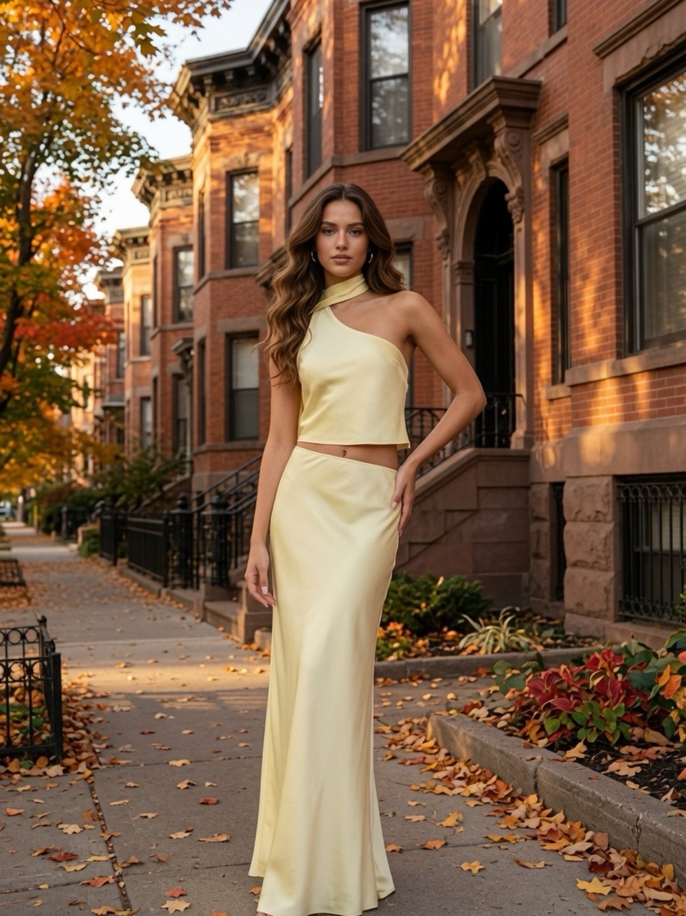 Lulu's Soft Lemon One-Shoulder Satin Two-Piece Gown